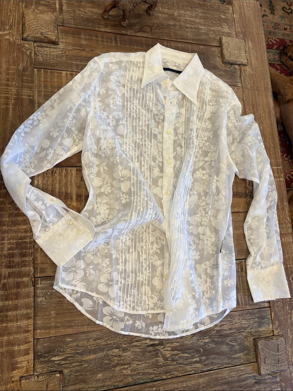 Vintage Y2K Tahiti Blue White Sheer Floral Pintuck Tuxedo Blouse Top Size L - Picture 3 of 11
